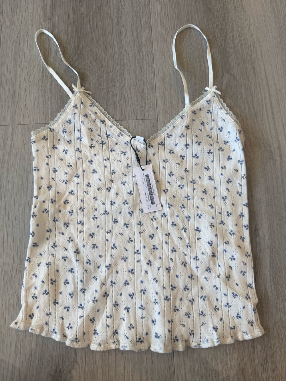 Cream Floral Ribbed Cami with Blue Print and Lace Trim